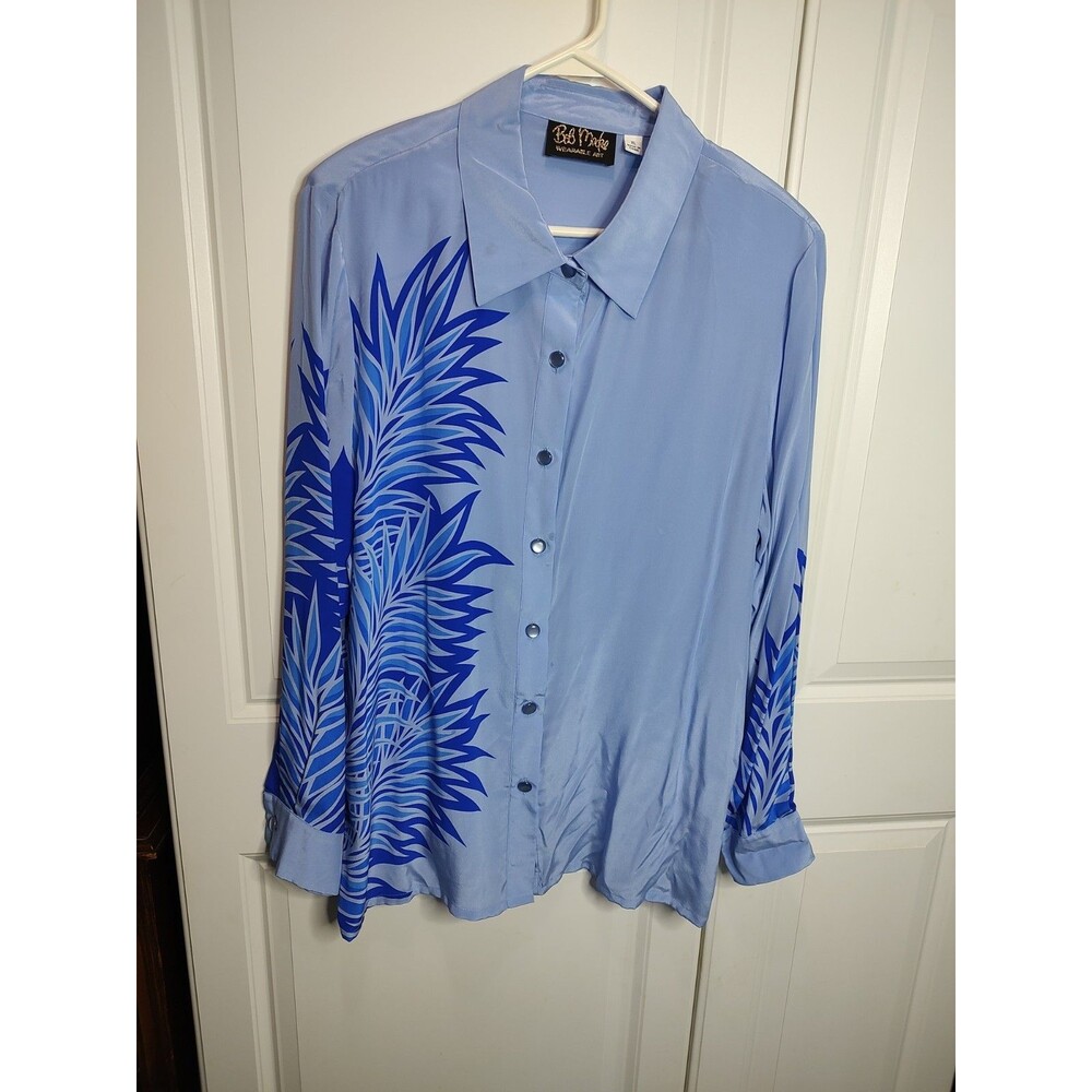 Vtg 100% Silk Blue Bob Mackie Wearable Art Funky Button Up Blouse Sz 1X